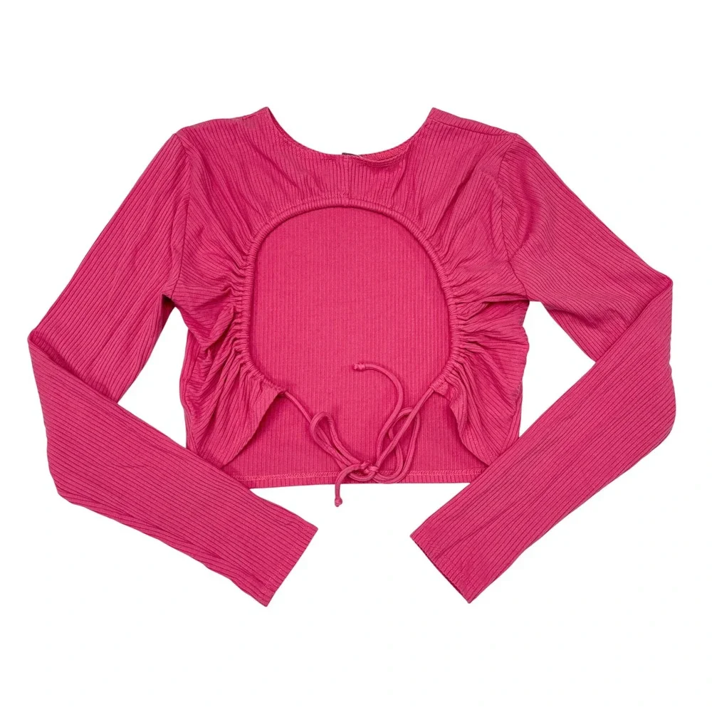 Reformation Cropped Open Back Top Womens Size Small Pink Barbiecore Ribbed